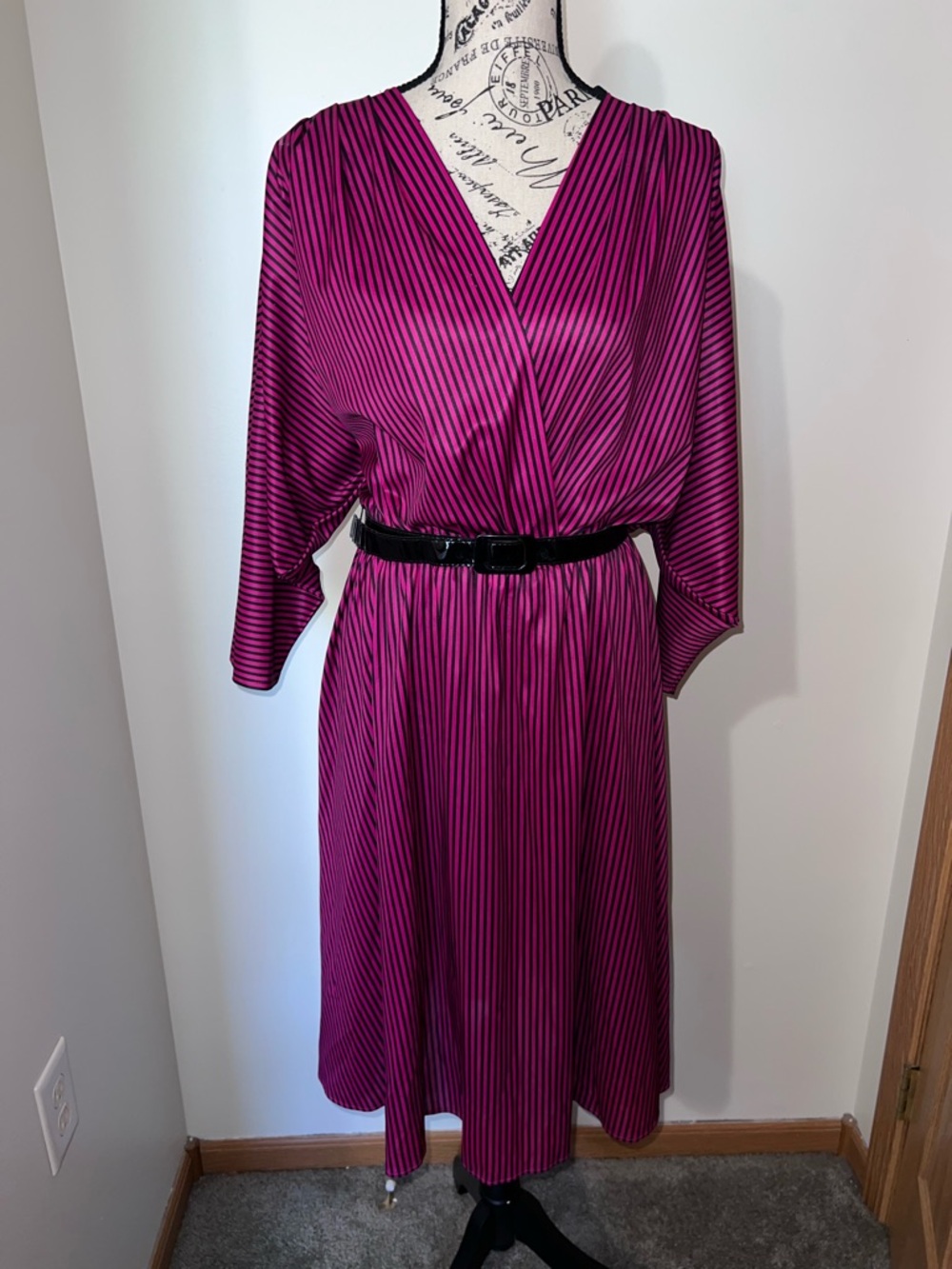 80s Vintage Magenta Black Pinstripe Dolman Sleeve Midi Dress S